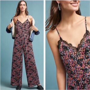Anthro Seen Worn Kept Elma Lace Trim Jumpsuit floral blue red pink ditsy